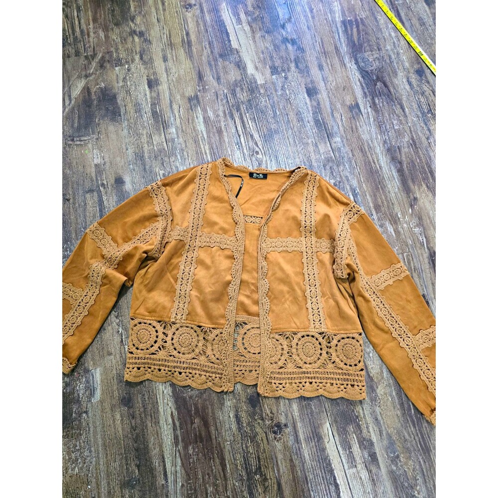 Miss Me Women's Brown Crochet Lace Trim Open Front Cropped Jacket Sz M